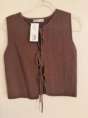 NWT - Zenana Outfitters Brown Open Front Tie Knit Vest (Sz Small)